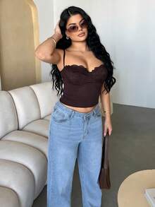 Dayanna Comas 女士蕾丝拼布紧身性感吊带背心 - 咖啡棕 - 查看 5