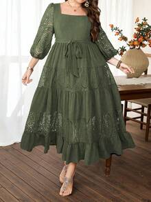 Lacomfia Plus Size Women's Square Neck Lantern Sleeve Tie Waist Ruffle Hem Embroidery Patchwork Elegant Dress - Green - View 6