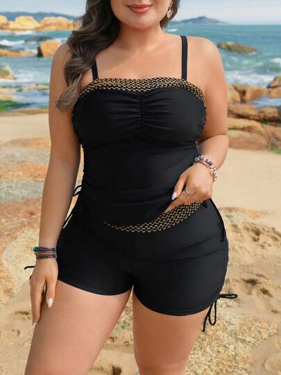 Swim Lushoire Plus Size Women Solid Color Patchwork Gold Ribbon Adjustable Strap Tankini Two Pieces Swimsuit Set, Suitable For Beach, Resort, Pool, Swimming Party, Yacht