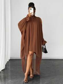 Gaun Maweii Plus Size Wanita Warna Polos Depan Pendek Belakang Panjang/ Sempurna Untuk Kencan, Jalan-jalan, Dan Lainnya, Manis dan Seksi untuk Musim Gugur - Coklat - View 5