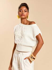 Travachic Áo dệt kim vai ngang họa tiết hoa 3D thường ngày dành cho nữ - trắng - Xem 4