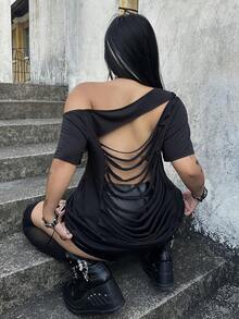 Flirla Plus Size Women Solid Color Casual Sexy Asymmetrical Shoulder Hollow Back T-Shirt - Black - View 7