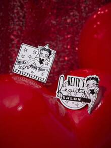 Betty Boop x SHEIN 2件套全新创意卡通图案印花胸针，IP拼接设计，可爱个性，简约大方，也可作包包配饰使用。 - 黑與白 - 查看 4