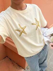 SHEIN LUNE 1pc Women's Gold Starfish Print Loose Round Neck T-Shirt White Summer Casual Sexy Graphic Vacation Holiday Beach Golf Outdoor Wear Spring Starfish Tee - Apricot - View 1