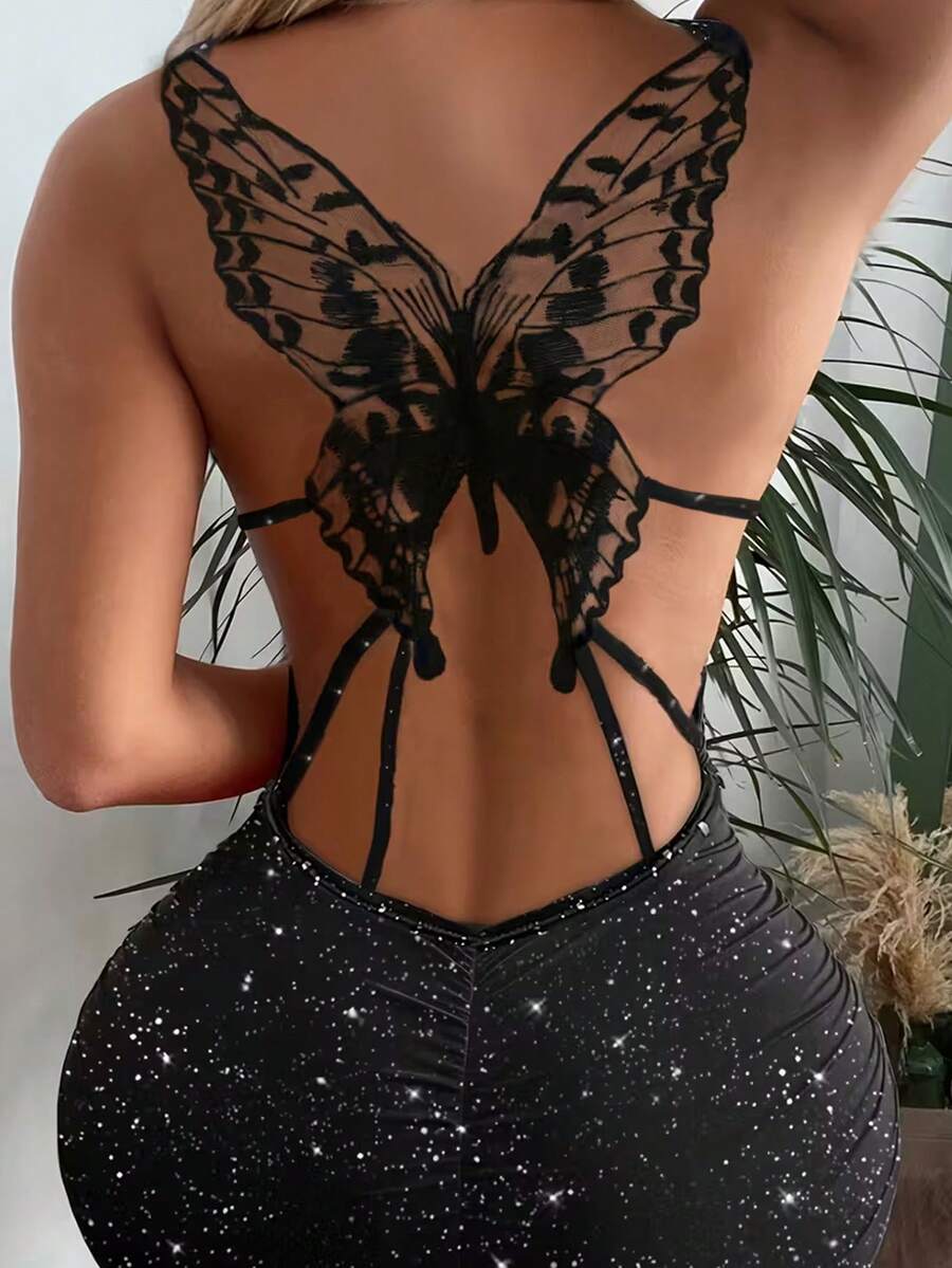 INAWLY 女士休闲优雅性感露背蝴蝶刺绣蕾丝连衣裙，派对闪亮印花紧身迷你连衣裙 - 黑色 - 查看 1
