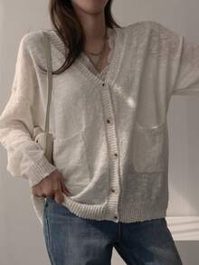 DAZY Women's Solid Color Drop Shoulder Long Sleeve Single-Breasted Casual Thin Cardigan Summer - White - View 5
