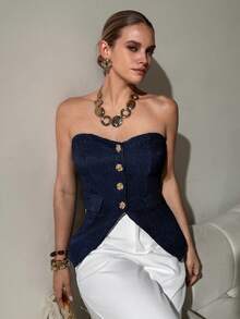 Lavishia Women's Elegant Front Button Bandeau Top, Summer - Black - View 5