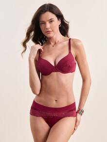 Hourtrue 2件套蕾丝拼接女士钢圈文胸套装 - 酒紅色 - 查看 6