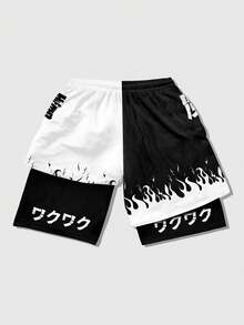 ROMWE MEN Anime Men's Japanese Print Drawstring Shorts - Multicolor - View 2
