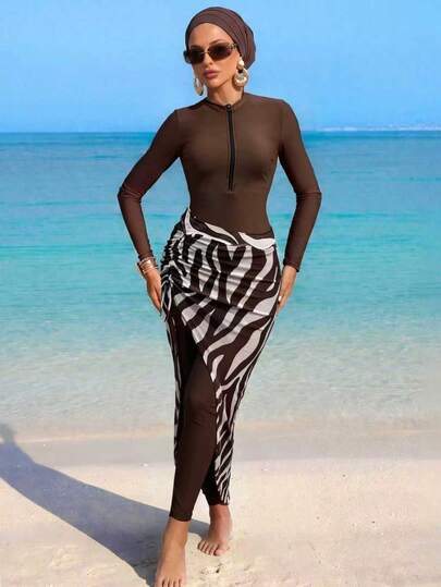 Swim Mulvari Women's Solid Color Random Print Long Sleeve Top, Drawstring Pleated Long Skirt 3-Piece Bikini Set, Spring/Summer