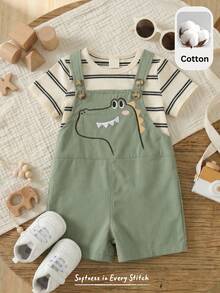 Cozy Pixies 2pcs Baby Boy Striped Pattern Knit Soft Round Neck Short Sleeve Pullover Top And Bib Shorts Set Dinosaur Clothes Baby Baby Boy Summer Overall Outfits Baby Boy Overalls Baby Boy Green Clothes Baby Clothes Outfit Set Baby Romper Cotton Baby Clothes - Multicolor - View 2