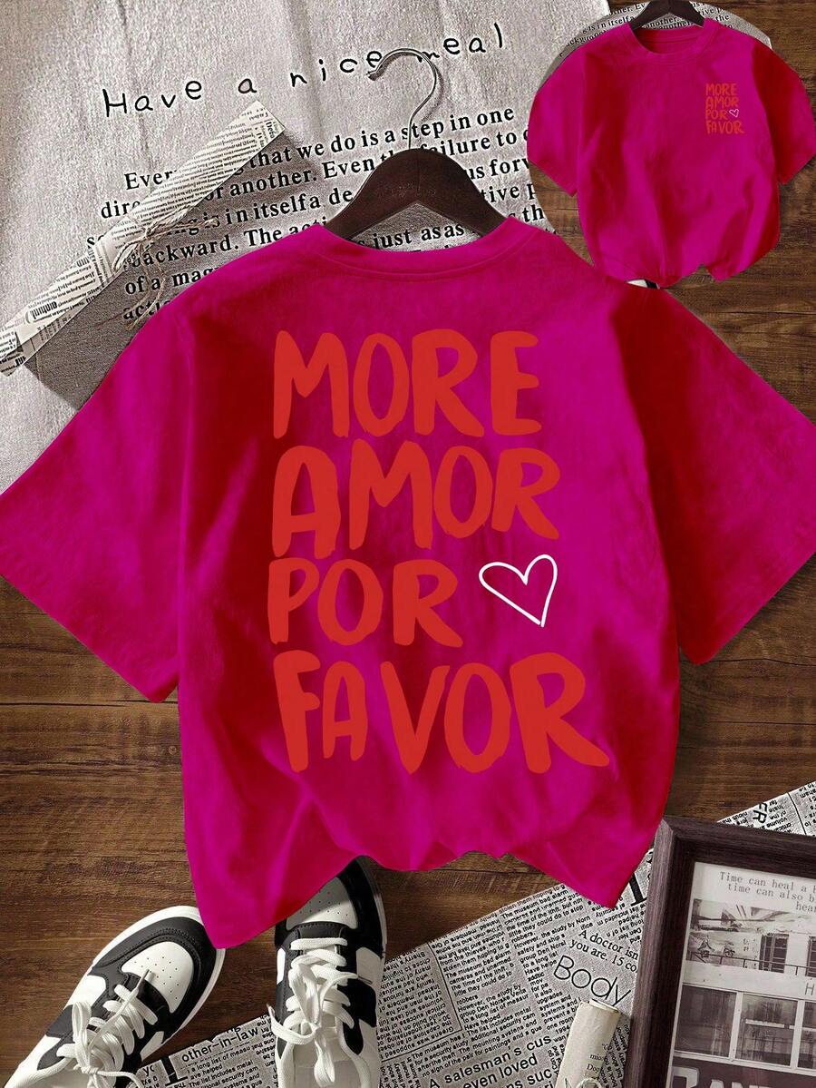 EMERY ROSE Women's Casual Heart & Letter Print Round Neck Short Sleeve T-Shirt - Hot Pink - View 1
