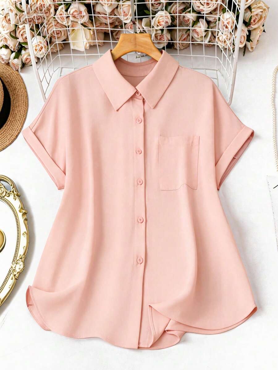 SHEIN LUNE 大码女式红色休闲短袖衬衫,夏季上衣,女士度假外出衬衫 - 粉色 - 查看 1
