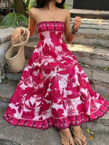 Sunnyshic European And American Fashion Casual Holiday Series Exquisite Elegant Printed Casual Long Waist-Cinched Strapless Slim Summer Dress For Women - Burgundy - View 1