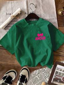 DrmWander 女士印花T恤，休闲街头风短袖T恤，可爱夏季上衣 - 綠色 - 查看 2