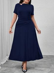 Modelyn Plus Size Women Solid Color Hollow Out Design Short Sleeve Ruffle Elegant Dress - Navy Blue - View 6