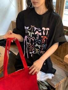 DAZY Women's Bow Print Round Neck Short Sleeve Casual T-Shirt - Black - View 8