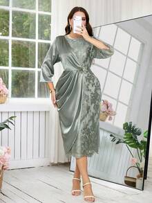 Ellevyn 大码女式提花圆领七分袖优雅褶裥连衣裙 - 綠色 - 查看 9