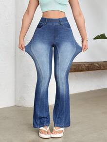 Flexra 女士高腰休闲百搭喇叭牛仔裤 - 藍色 - 查看 5