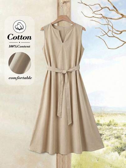 Rusticease Đầm midi không tay dáng rộng dành cho nữ, màu trơn, thích hợp cho mùa hè.