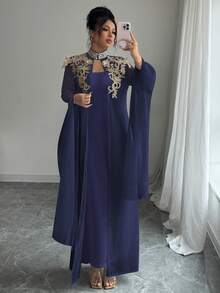 Rafferiza Women's Mandarin Collar Applique Split Long Sleeve Robe And Dress Fashionable Party Suit - Navy Blue - View 7