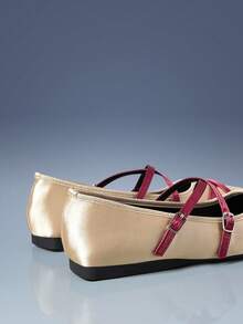 CUCCOO GRLICON 女士平底鞋，方头撞色搭扣设计，休闲平底鞋，机车风穿搭，酷女孩必备，适合春夏、度假、旅行，2000年代风格 - 金色2 - 查看 5