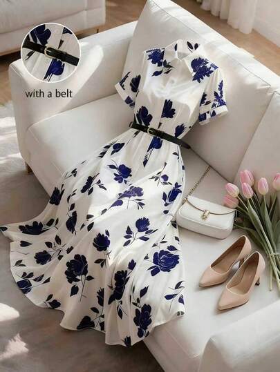 Airaco Elegant Shirt Collar Cinched Waist Waist Short Sleeve Midi Dress, Suitable For Casual, Vacation, Commute