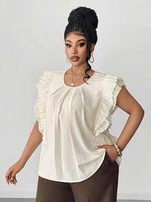 Maweii Women's Loose Fit Apricot Ruffle Detail Cap Sleeve Plain Blouse With Round Neck - Apricot - View 1