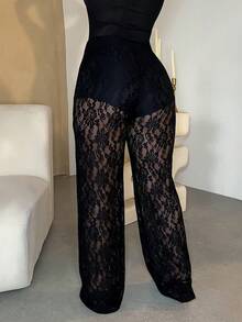 Dayanna Comas 女式 Y2k 性感西式女式低腰蕾丝喇叭裤，优雅时尚 - 黑色 - 查看 2