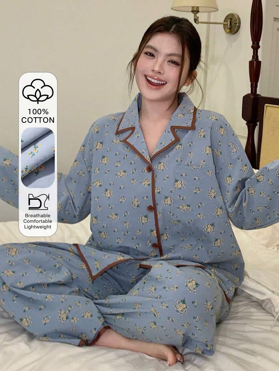 Dazy Plus 两件套加大码女式碎花休闲宽松睡衣套装,翻领上衣和裤子 - 藍色 - 查看 1