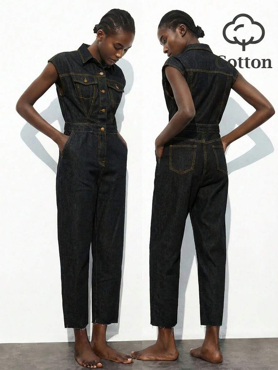 Maija 女士纯色牛仔背带裤和连体裤 - 黑色 - 查看 1