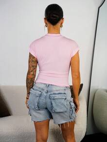 SAYEHFBABY Blusa de manga corta con lazo fruncido y estilo francés, versátil y de moda - Rosa - Ver 3