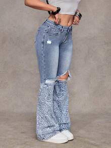 Jeanoix 女士Y2K时尚做旧印花水洗喇叭牛仔裤 - 淺色水洗藍 - 查看 5
