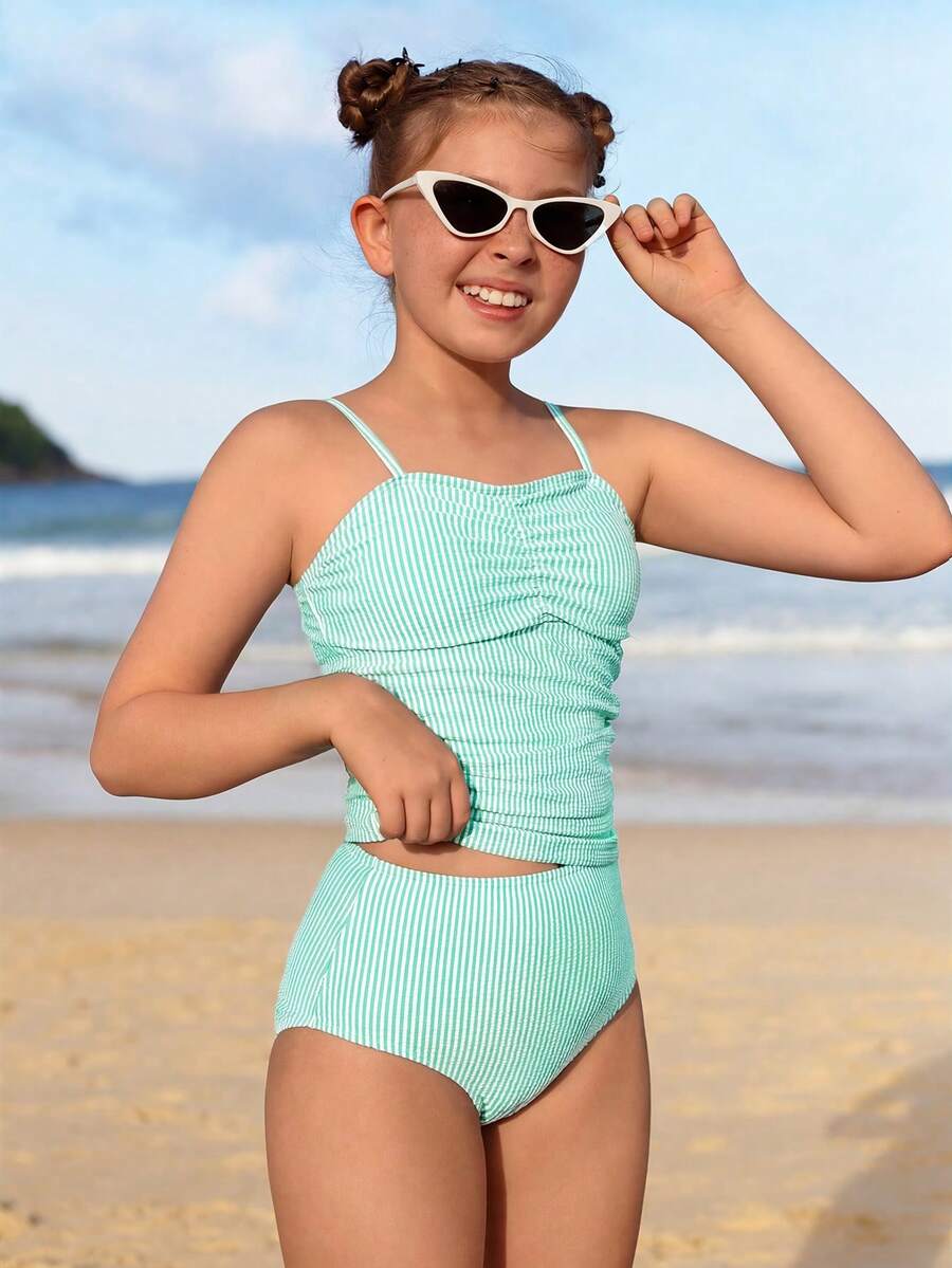 SHEIN 女童条纹两件式坦克泳衣 - 綠色 - 查看 1
