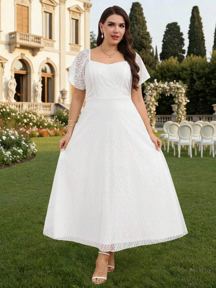 Plus Size Women's Summer Casual Vacation  Elegant Solid Color White Short Sleeve Lace Long Dress, Suitable For Summer, Vacation, Wedding Season,Summer Outfits For Women ,Vacation Outfits Women ,Holiday Outfits For Women,Going Out Outfits,2026 New Clothes,Simple And Fashionable For Everyday Wear,Suitable For Summer, Vacation, Daily Wear, Festival Outfits For Women,Beach Outfits For Women,White Dress,Wedding Guest Dress For Women ,Flowy Dress,Wedding Party Dress,, Elegant Party Dresse,Gifts For Mother,Formal Dresses For Women ,Holiday Dresses , Elegant Party Dresses,Beach Outfits For Women