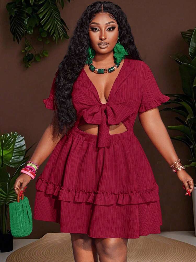 Slaydiva Women's Plus Size Burgundy Summer Boho Mini Dress,Short Sleeve Ruffle Trim Chest Tie Front A-Line Tiered Wrap Around Dress For Night Out Club,Holiday