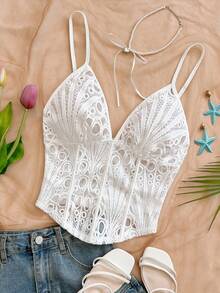Soleia Camiseta de tirantes bordada de moda para vacaciones de mujer - Blanco - Ver 3