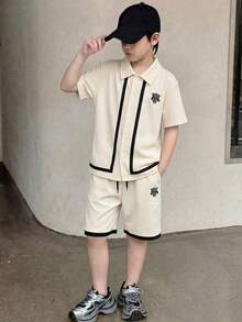 Genkimix Kids 2pcs/Set Teenage Boys' Casual Apricot Shirt And Shorts Set,Black And White Striped,Soft Fabric,Summer Outfits,School,Back-To-School Clothing For Kids - Apricot - View 1