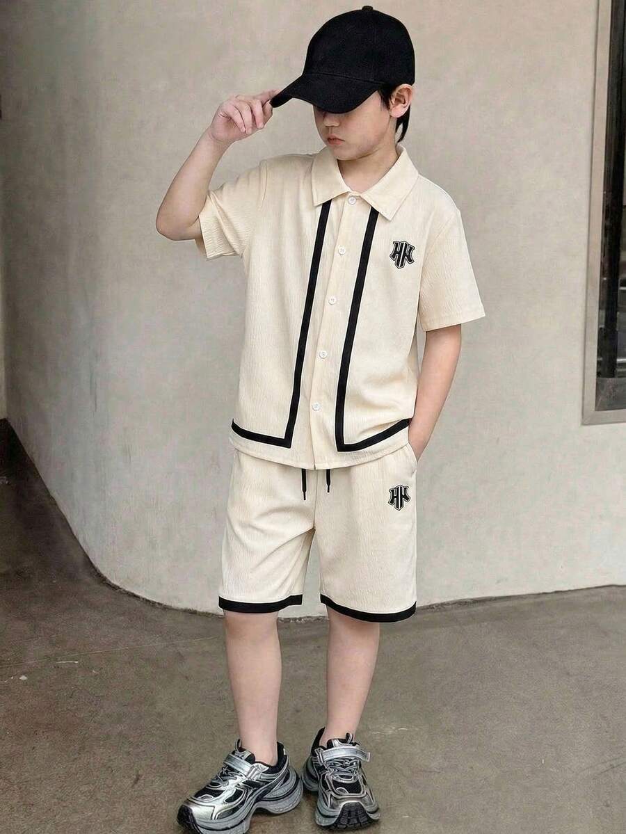 Genkimix Kids 2pcs/Set Teenage Boys' Casual Apricot Shirt And Shorts Set,Black And White Striped,Soft Fabric,Summer Outfits,School,Back-To-School Clothing For Kids - Apricot - View 1