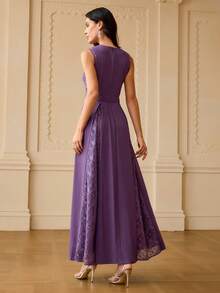 ZEYLAH Women's Round Neck Lace Elegant Waist Cinching Long Party Dress - Purple - View 3