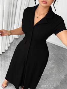 Elenzga Plus Size Women's Knit Short Sleeve Commuter Minimalist Polo Collar Waist Cinched Buttoned Design Brown Dress - Black - View 3