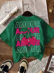 DrmWander 女士印花T恤，休闲街头风短袖T恤，可爱夏季上衣 - 綠色 - 查看 3