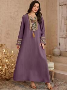 Al Najma 女士春夏3D立体花卉缎带领束腰上衣和传统阿拉伯长裙 - 紫色 - 查看 4