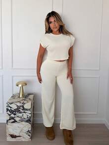 Maria Perezxox 女式蝙蝠袖圆领上衣和裤子家居服套装 - 杏色 - 查看 4