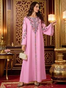 Al Najma Đầm truyền thống Ả Rập thêu hoa dành cho nữ, thích hợp cho các buổi tiệc, du lịch, thường ngày. - Hồng - Xem 2