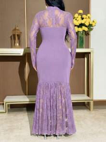 Modelyn Women's Contrast Lace Stand Collar Long Sleeve Fishtail Hem Elegant Dress - Mauve Purple - View 2