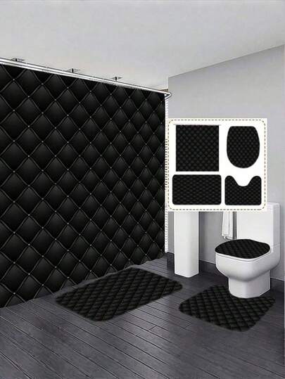 单件/四件套黑色柔软纹理浴室浴帘和地垫套装，带12个挂钩的浴室浴帘，防滑U型马桶垫，马桶座垫，防水涤纶面料，现代浴室和卧室家居装饰，浴室装饰 | 现代浴室装饰 | 耐用浴帘，浴室装饰