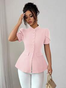 Elenzga Women's Elegant Summer Blush Pink Mandarin Collar Puff Sleeve Blouse,French Office Work Formal Attire,Solid Button-Up A-Line Peplum Tops - Baby Pink - View 7