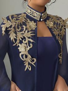 Rafferiza Women's Mandarin Collar Applique Split Long Sleeve Robe And Dress Fashionable Party Suit - Navy Blue - View 4