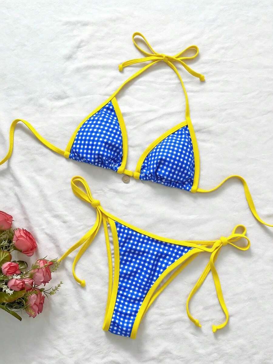 Swim Mod Plus Size Women Casual Beach Vacation Random Print Halter Neck Ring Design Cover Up - Blue - View 1